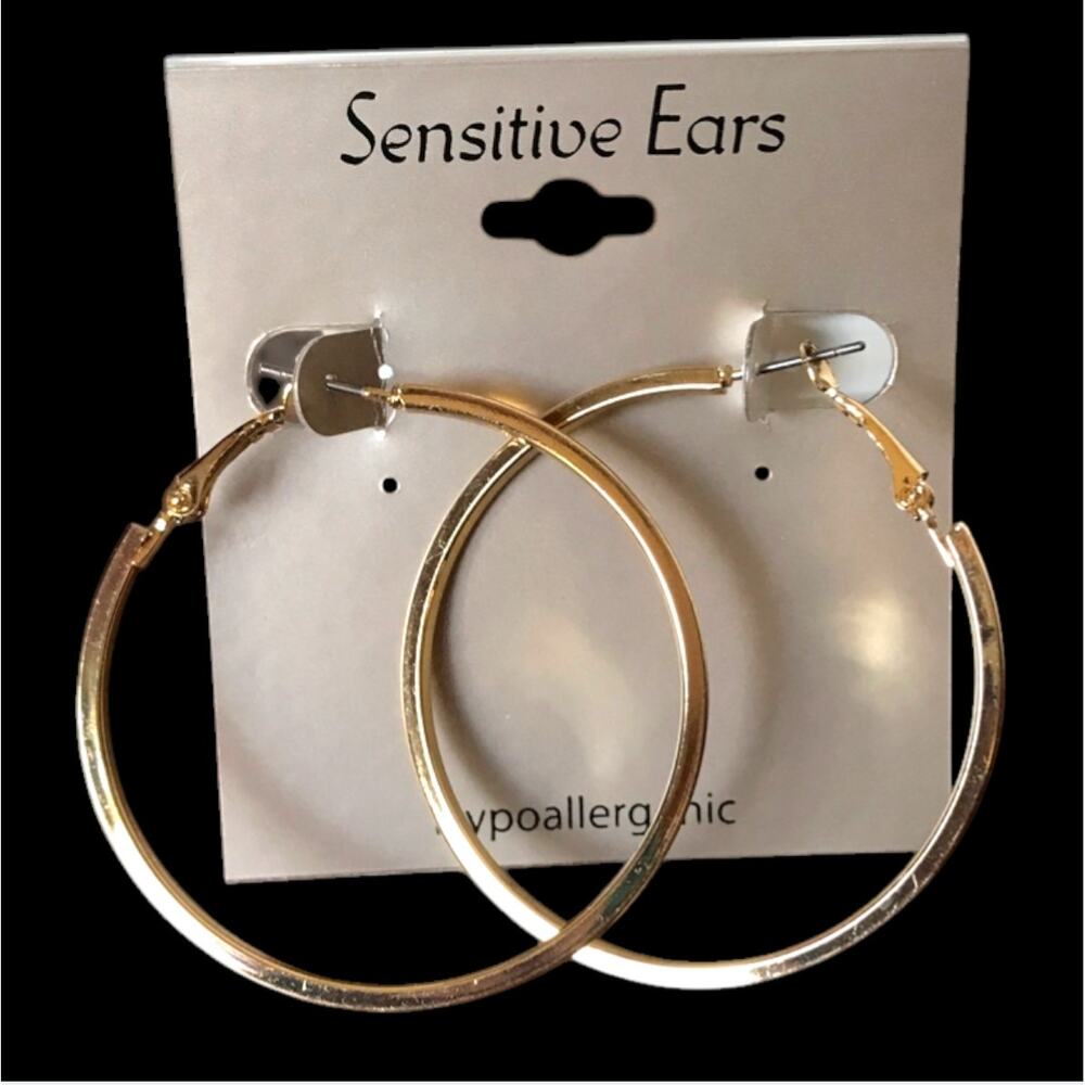 NWT Sensitive Ears hypoallergenic gold tone hoop earrings new on card